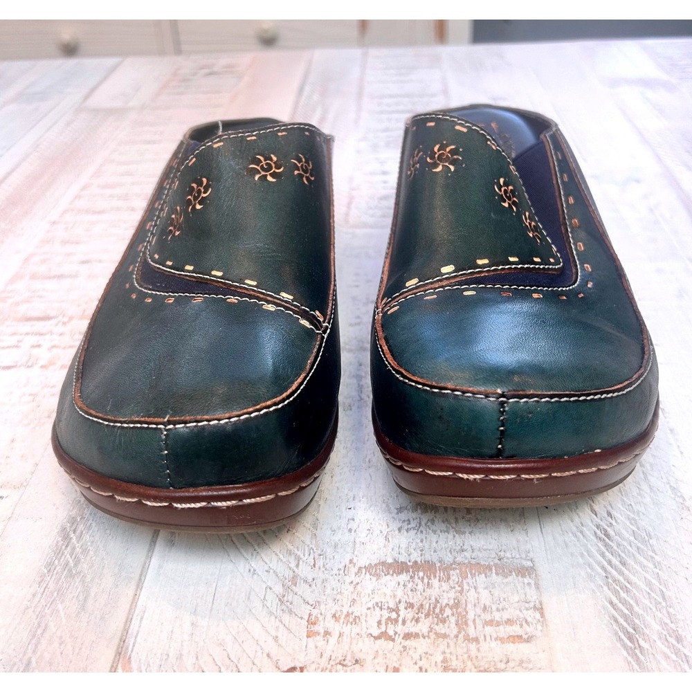 Spring Step LArtiste Womens Teal Leather Floral Mules‎ Clogs Chino-N 42